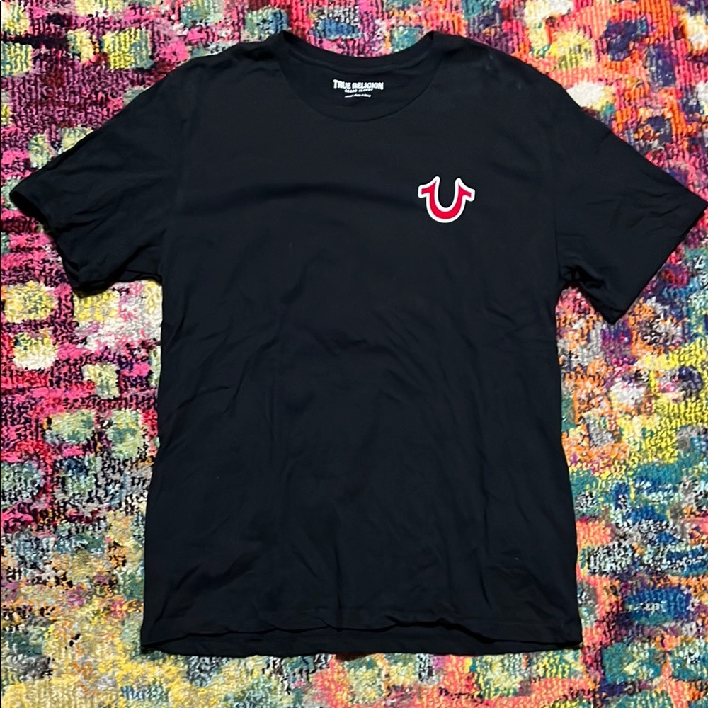 True Religion Black Short Sleeve Tee with Red & White Logo